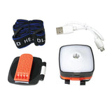 Contents layout showing the multifunctional rechargeable USB headlamp, adjustable headband, USB charging cable, and instruction manual arranged on a flat surface.