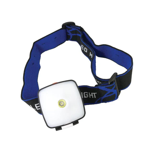 Multifunctional rechargeable USB LED headlamp with adjustable strap and mounting clip for camping and work.