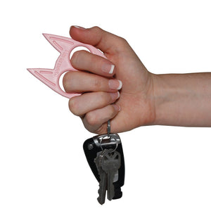 Pink My Kitty self‑defense keychain shaped like a cat face shown with keys attached to the bottom keyring.