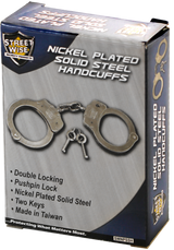 Packaging highlighting features such as durable nickel‑plated construction, double‑locking mechanism, and included keys.