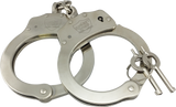 Nickel‑plated steel handcuffs shown fully extended with two included keys positioned beside the locking mechanism.