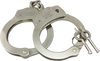 Nickel‑plated steel handcuffs shown fully extended with two included keys positioned beside the locking mechanism.