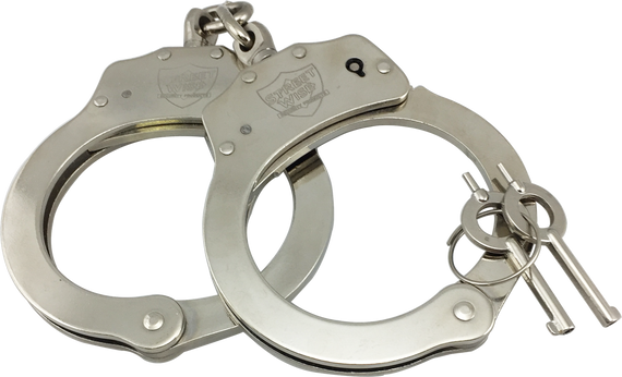 Nickel-plated solid steel handcuffs with double-lock mechanism, two keys, and durable professional security construction.