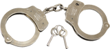 Nickel-plated solid steel handcuffs with double-lock mechanism, two keys, and durable professional security construction.