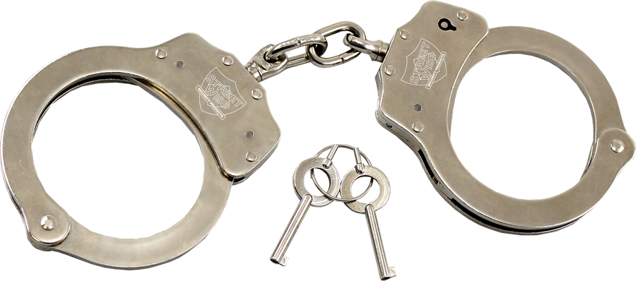 Nickel-plated solid steel handcuffs with double-lock mechanism, two keys, and durable professional security construction.
