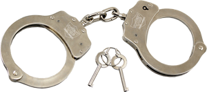Nickel-plated solid steel handcuffs with double-lock mechanism, two keys, and durable professional security construction.