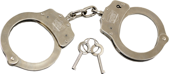 Nickel-plated solid steel handcuffs with double-lock mechanism, two keys, and durable professional security construction.