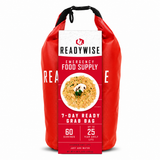 one week emergency food supply featuring freeze-dried meals, cereals, and entrees packaged with a 10L dry bag for emergency preparedness and disaster readiness
