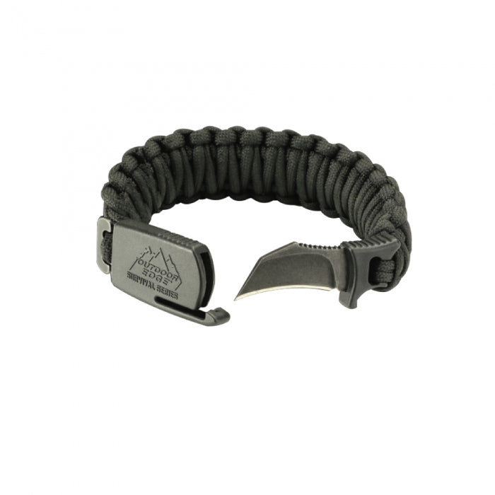 Outdoor Edge Para-Claw Medium survival bracelet with integrated 1.5-inch hawkbill knife and 550 paracord bracelet.