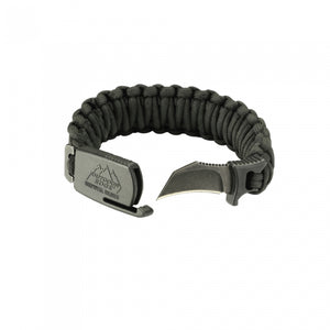 Outdoor Edge Para-Claw Medium survival bracelet with integrated 1.5-inch hawkbill knife and 550 paracord bracelet.