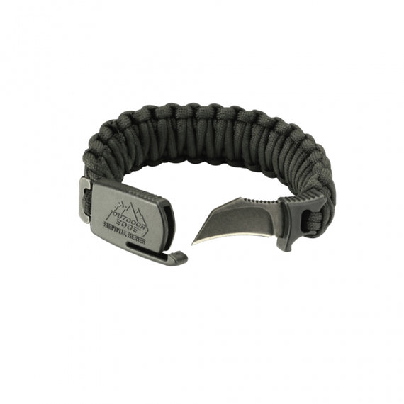 Outdoor Edge Para-Claw Medium survival bracelet with integrated 1.5-inch hawkbill knife and 550 paracord bracelet.