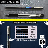 Black Pain Pen stun device shown next to common everyday items to illustrate its compact size.