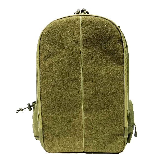 Green tactical backpack featuring large hook‑and‑loop panels for patch placement and a rugged exterior design.