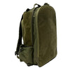 Green backpack shown from the side with oversized hook‑and‑loop panels for attaching patches and gear.