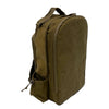 Tan backpack shown from the side with oversized hook‑and‑loop panels and a visible utility pocket.