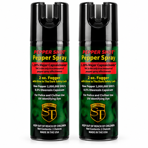 Two Pepper Shot 1.2% MC 2 oz pepper spray fogger canisters.