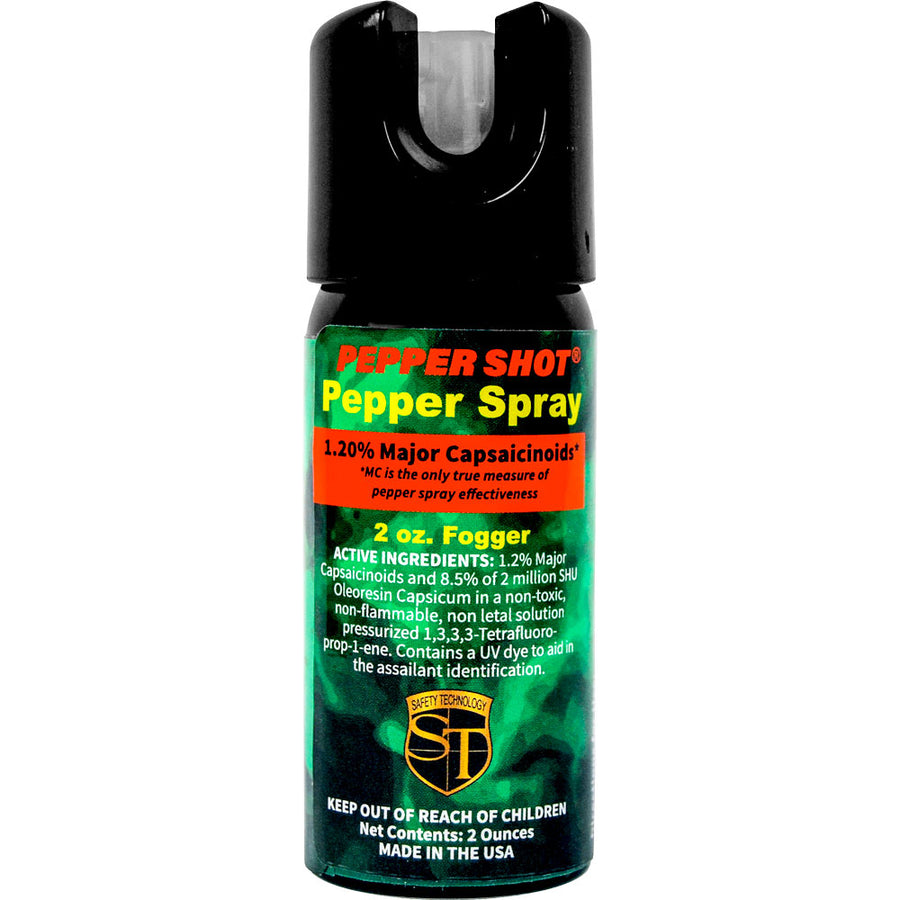 Pepper Shot 1.2 MC 2‑oz fogger‑style pepper spray canister with wide‑area spray actuator and labeled body.