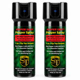Two Pepper Shot 1.2% MC 2 oz stream pepper spray canisters with flip-top actuators.