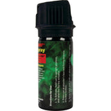 Close‑up of the Pepper Shot 1.2 MC 2‑oz pepper spray showing the narrow stream‑style nozzle on the actuator head.