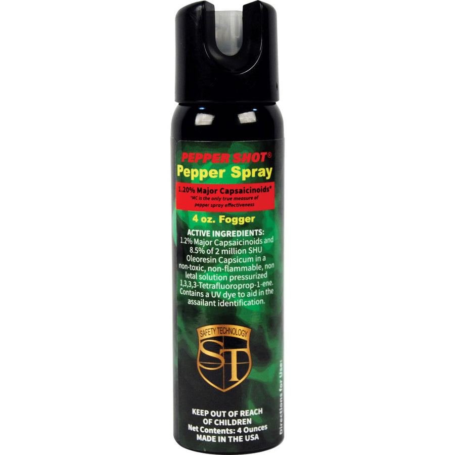 Pepper Shot 1.2 MC 4‑ounce fogger canister shown with its wide‑pattern spray head designed for broad defensive coverage.