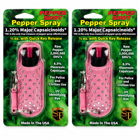 Pepper Shot 1.2% MC pepper spray in a pink rhinestone holster with attached keychain ring.