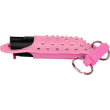 Side view of the Pepper Shot 1.2 MC pepper spray in a pink rhinestone holster showing the profile shape and keychain attachment.