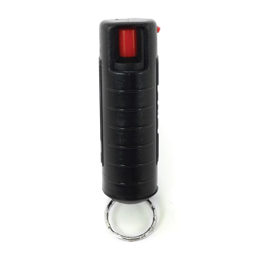 Compact black hard‑case pepper spray displayed with integrated keychain ring.