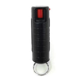 Compact black hard‑case pepper spray displayed with integrated keychain ring.