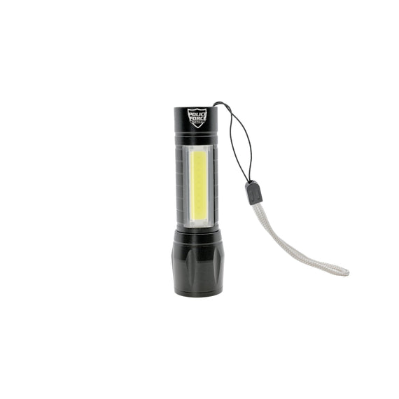 Tactical XPE COB mini rechargeable flashlight with zoomable beam and side work light.