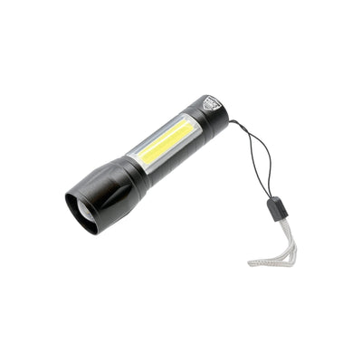 Tactical XPE COB mini rechargeable flashlight with zoomable beam and side work light.