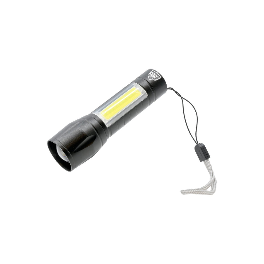 Tactical XPE COB mini rechargeable flashlight with zoomable beam and side work light.