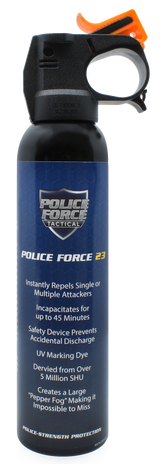 Police Force 23% Fogger Pepper Spray Fire Master 9 oz with safety clip and ergonomic trigger handle.