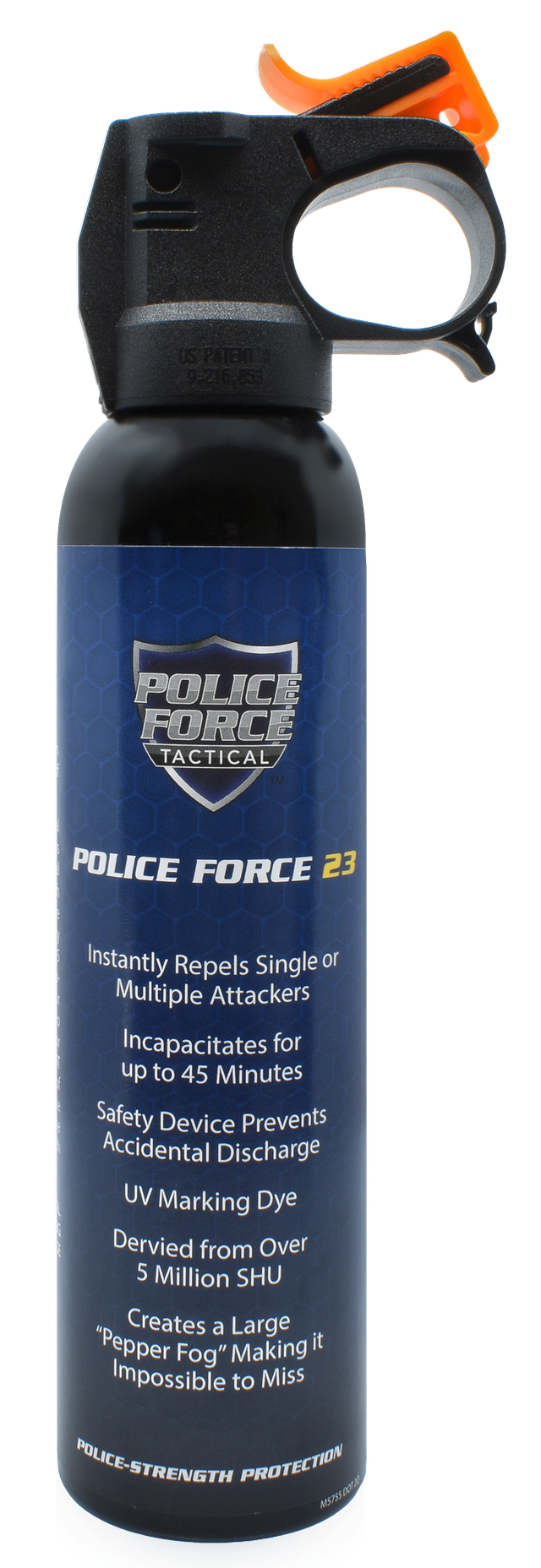 Police Force 23% Fogger Pepper Spray Fire Master 9 oz with safety clip and ergonomic trigger handle.