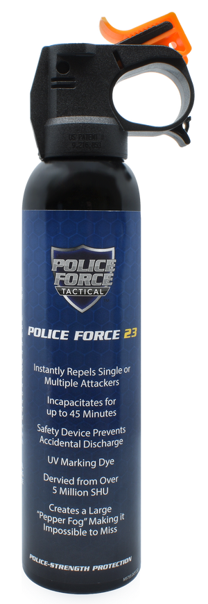 Police Force 23% Fogger Pepper Spray Fire Master 9 oz with safety clip and ergonomic trigger handle.