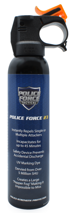 Police Force 23% Fogger Pepper Spray Fire Master 9 oz with safety clip and ergonomic trigger handle.