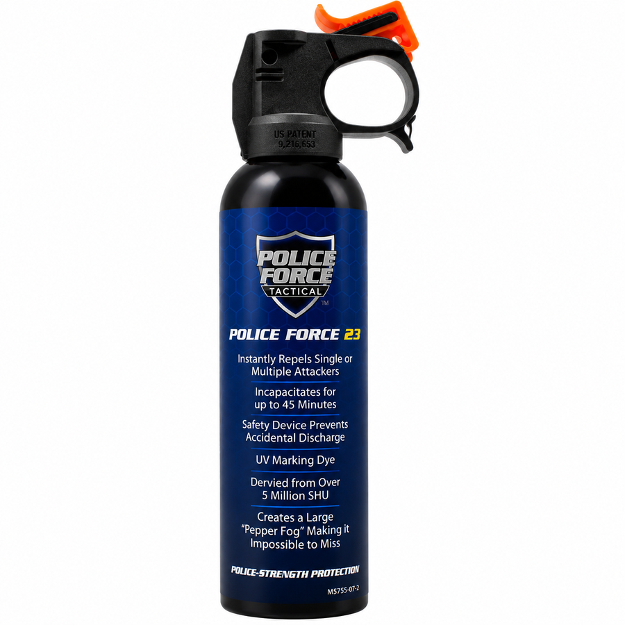 Police Force 23% Fogger Pepper Spray Fire Master 9 oz with safety clip and ergonomic trigger handle.