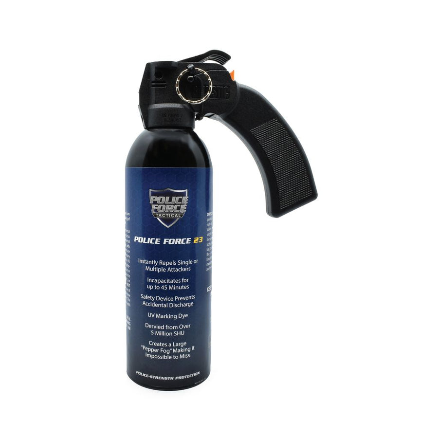 Police Force 23 Fogger Pepper Spray Pistol Grip 16 ounce with cone fog spray pattern, police-strength OC formula, and UV marking dye for home and business defense.