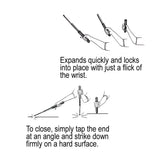 26‑inch steel expandable baton with rubberized grip diagram showsn how to flip wrist to use and open