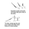 26‑inch steel expandable baton with rubberized grip diagram showsn how to flip wrist to use and open