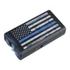 Streetwise Blue Line 9 Million Volt rechargeable stun gun featuring the Thin Blue Line American flag design, LED flashlight, metal disable pin, and heavy-duty construction.