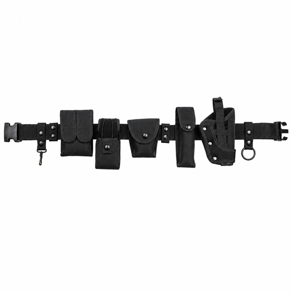 Police Force 2-inch duty belt with holster, magazine pouch, radio case, handcuff case and additional duty accessories.
