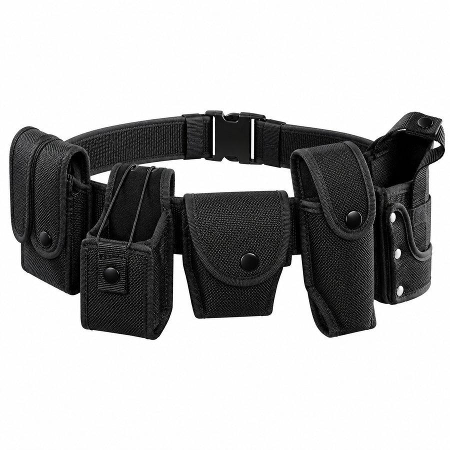 Police Force 2-inch duty belt with holster, magazine pouch, radio case, handcuff case and additional duty accessories.