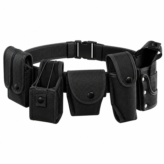 Police Force 2-inch duty belt with holster, magazine pouch, radio case, handcuff case and additional duty accessories.