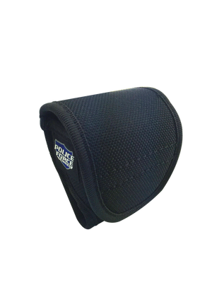 black nylon handcuff holster with velcro flap shown from the front