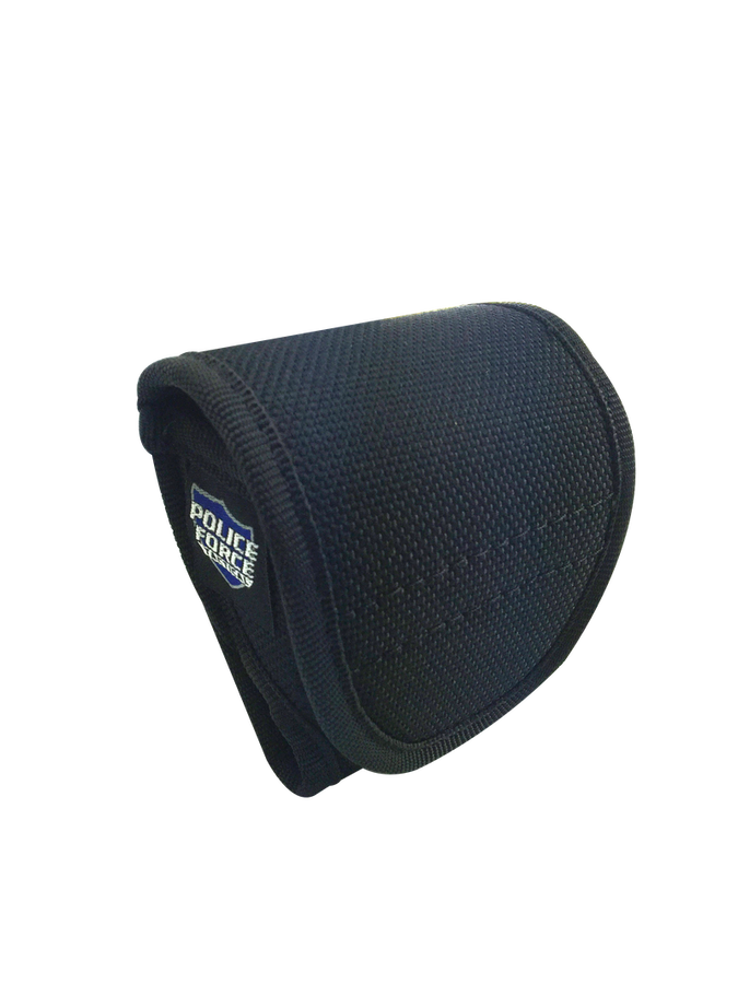 black nylon handcuff holster with velcro flap shown from the front