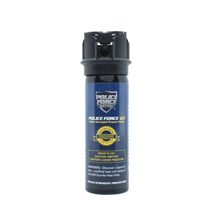 Police Force 23 Pepper Foam 3 ounce with flip-top safety lock, police-strength OC foam, UV marking dye, and reduced blowback for personal protection.