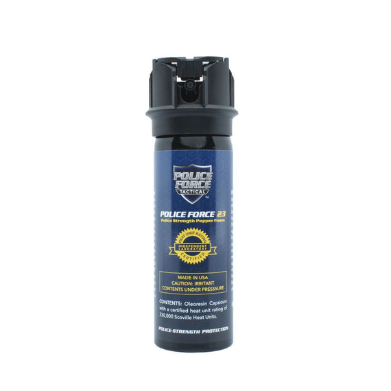 Police Force 23 Pepper Foam 3 ounce with flip-top safety lock, police-strength OC foam, UV marking dye, and reduced blowback for personal protection.
