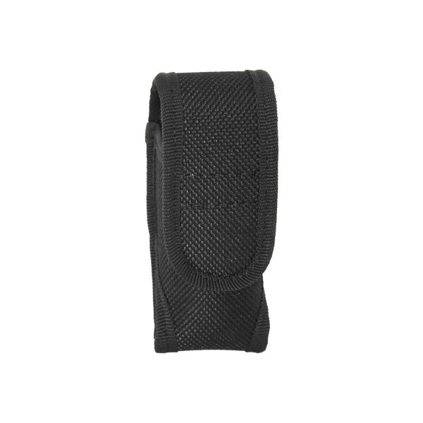 black nylon holster shown upright with flap closed 