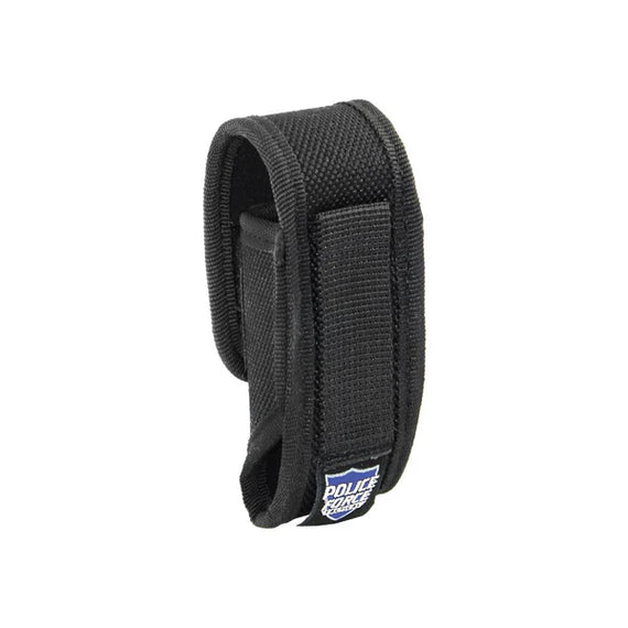 black nylon holster shown upright with flap closed 