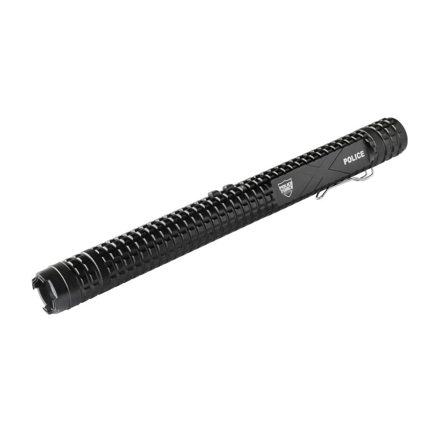 Police Force Tactical 12000000 stun baton flashlight with removable rechargeable batteries and aluminum construction
